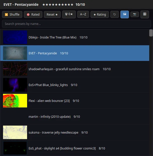 The preset browser sorted by rating, three tens at the top and a picture beside every preset that has been watched