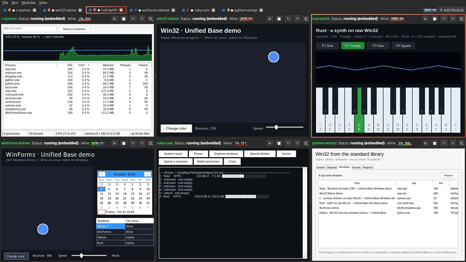 Six Windows-only programs running on Linux through Wine, every tab marked with the Windows logo: a process monitor, a Win32 demo, a synthesizer, a WinForms app, a Ruby COM report and a Python tool listing the other windows