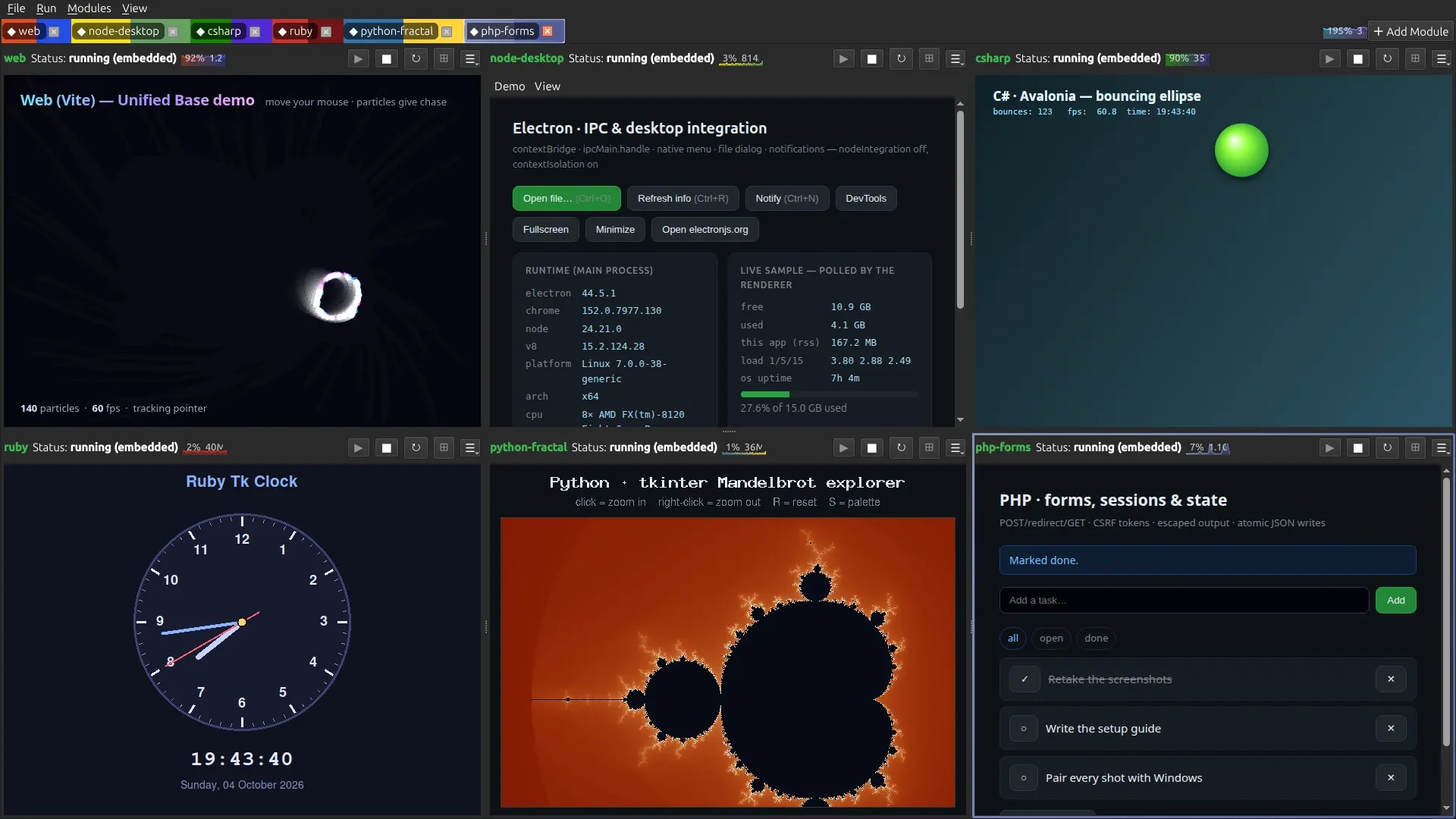 Six Linux modules in a three-column grid with full-color tabs: a Vite particle demo, an Electron app, a C# Avalonia ball, a Ruby Tk clock, a Python Mandelbrot and a PHP to-do app