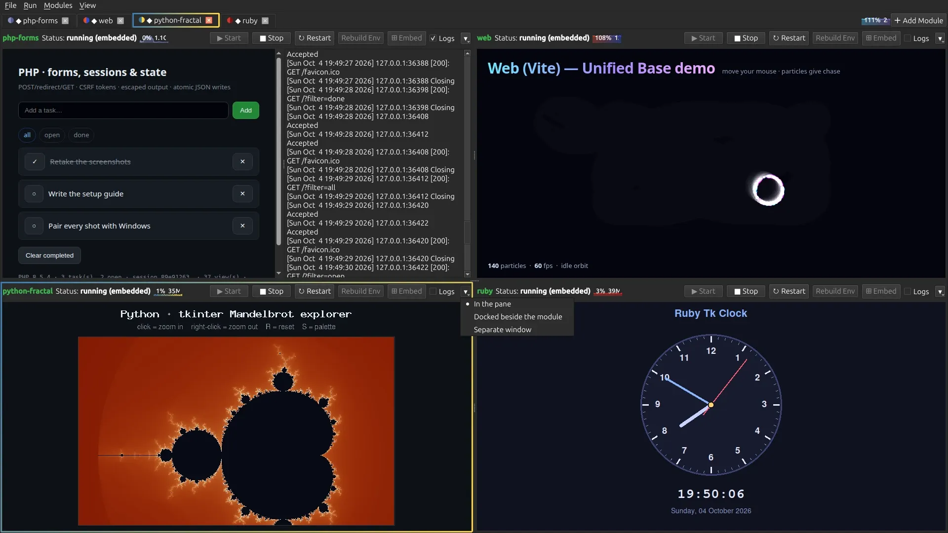 The PHP module with its dev server log docked beside it, and the log-mode menu open on the Python module below
