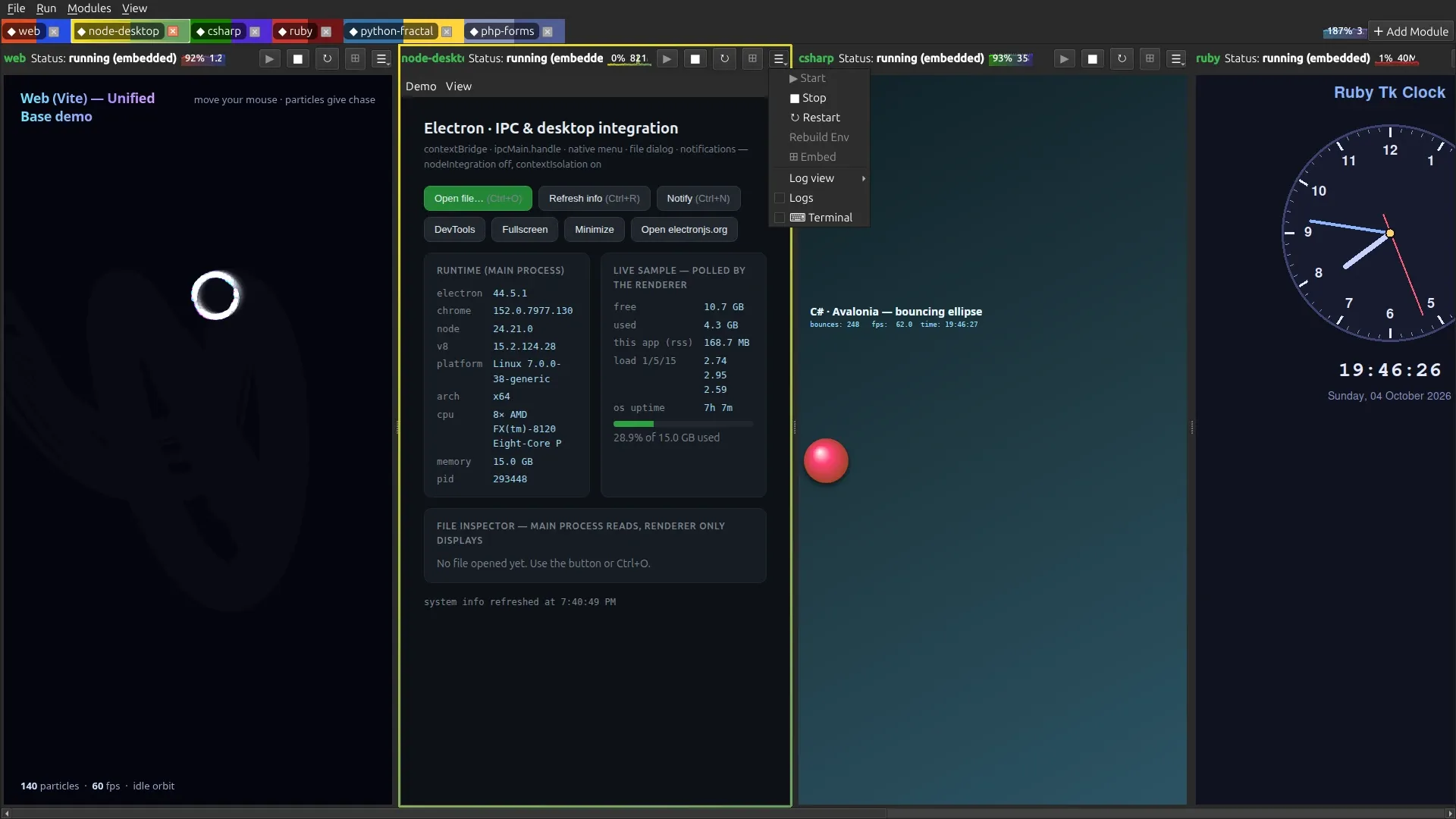 Modules in a single row that scrolls sideways, one narrow pane’s ☰ menu open with Start, Stop, Restart, Log view and Terminal in it