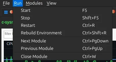 The Run menu: Start, Stop, Restart, Rebuild Environment, Next and Previous Module, Close Module, each with its shortcut