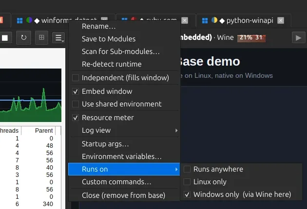 The right-click menu on a Windows module’s tab with Runs on open: Runs anywhere, Linux only, and Windows only (via Wine here) ticked