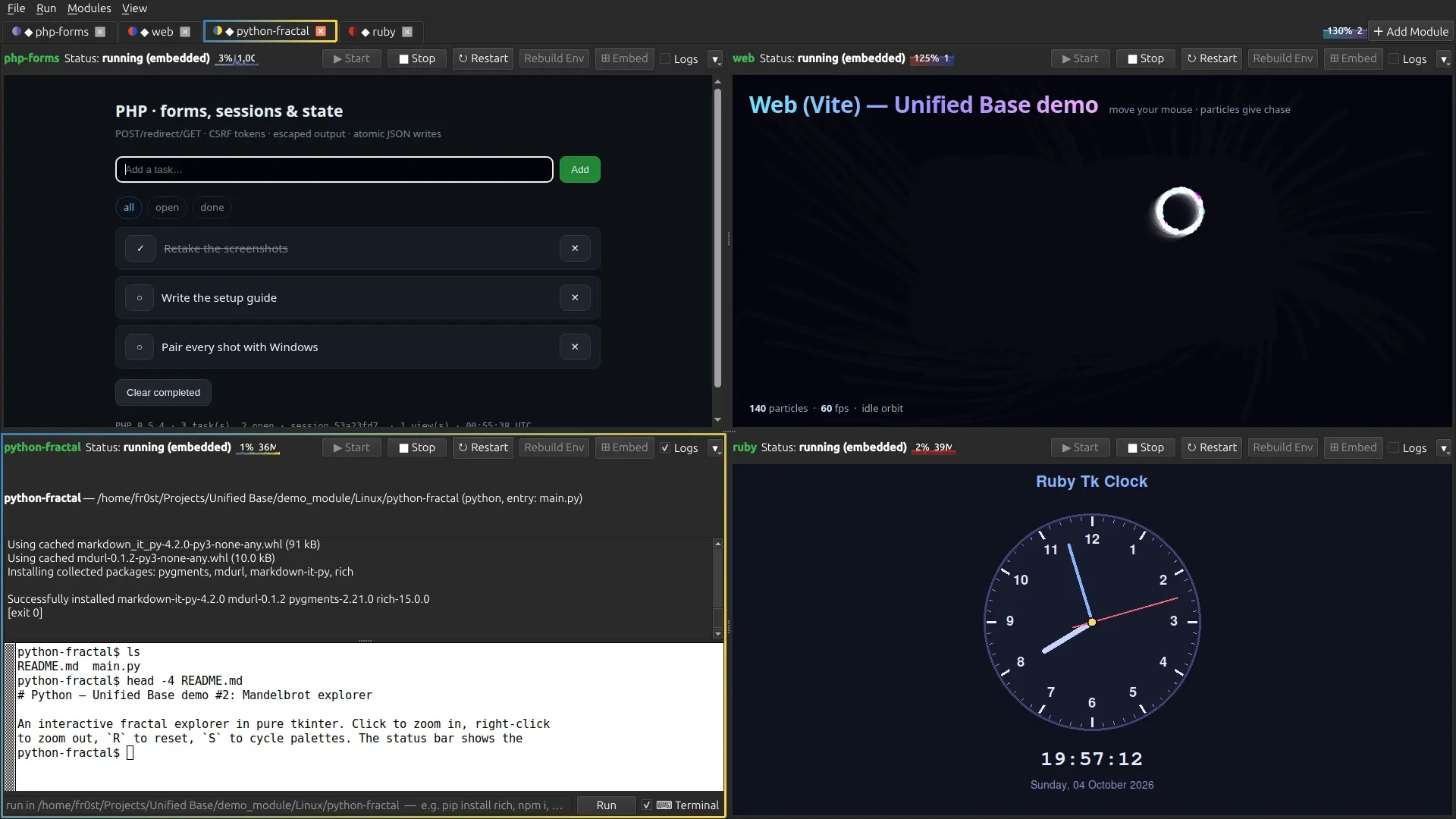 The Python module’s pane showing pip installing rich from the command bar, with an embedded terminal open below it