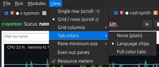 The View menu with Tab colors open, offering plain tabs, language chips or full color tabs