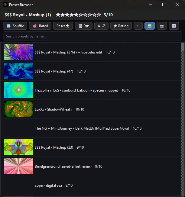 The same browser on Windows, sorted by rating, the top of an 11,223-preset library with a picture beside each preset that has been watched
