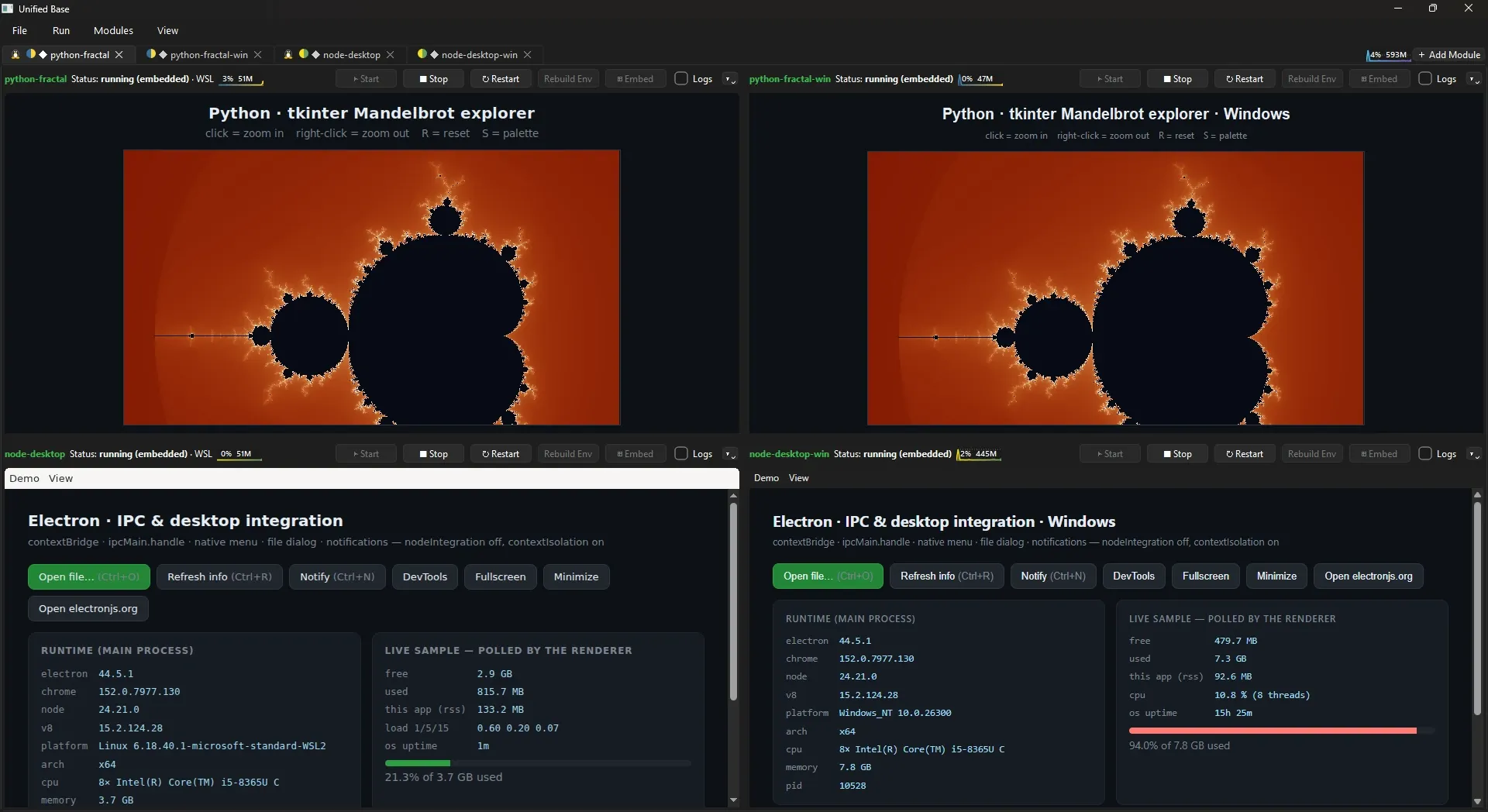 Linux programs on Windows: a Python Mandelbrot and an Electron app running inside WSL, their tabs marked with a Tux, each beside its Windows twin
