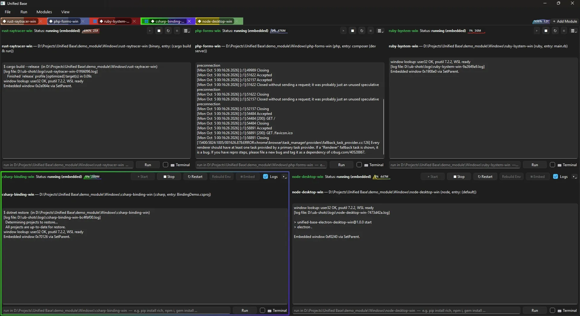 Five modules on Windows with their logs in the pane: a cargo build, the PHP dev server’s requests, a dotnet restore and an Electron start