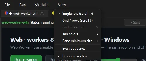 The same View menu on Windows, Single row picked